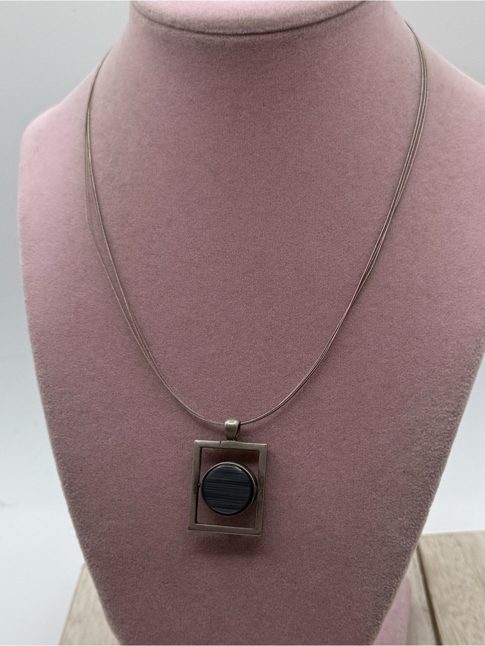 Silver-Tone reversible Black Circle Pendant Necklace
